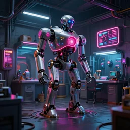 concept art, realistic dieselpunk robot repair workshop, neon glow, volumetric lighting, strong shadows, reflections, high contrast, glowing robot motifs, octane render, curves, bladerunner, loish, syd mead, akihiko yoshida, cinematic