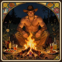 a dark ethereal painting of a handsome thicc shirtless cowboy sitting behind a campfire at night. in front of the campfire is an assortment of food and beverages. the man is grinning mischievously. tarot card, art deco, art nouveau. trending on artstation. alphonse mucha