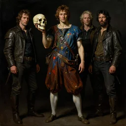 neoclassicist full body portrait of a man holding a skull covered in splattered paint. dark lighting. black background. highly detailed science - fiction painting by norman rockwell, moebius, frank frazetta, syd mead, donato giancola. rich colors, high contrast. renaissance masterpiece. artstation