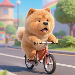 a chow chow riding a bike, by pixar, by disney