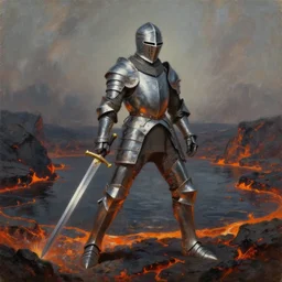 knight in armor drawing a sword from a lava lake. by Bryce Cameron Liston, hyperrealistic oil painting, 4k, studio lightning