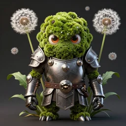 a humanoid figure dandelion moss plant monster thistle armour, large eyes and menacing smile, highly detailed, digital art, sharp focus, trending on art station, anime art style
