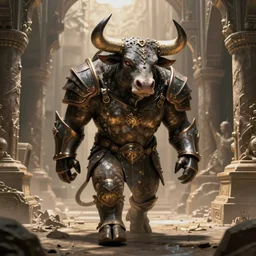 mysterious bull wearing armor walks through the lair. concentrated expression. scene by ralph mcquarrie and beksinski r / characterart