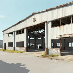 abandoned warehouse exterior, primary color accents, concept art
