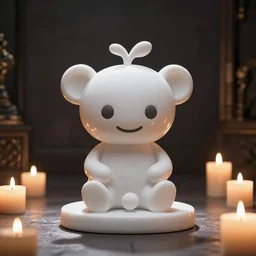 a white marble statue of the reddit mascot in a darkened room surrounded by lit candles