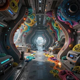 very detailed interior of alien futuristic spaceship with colorful high resolution textures, contrast bump, texture displacement, sss, reflections, raytracing, raymarching, subsurface scattering, still from new scifi movie by digital domain, lucasfilm, by arthur haas and stefan morrell