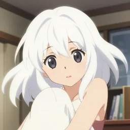 anime visual, a young woman with white here in her room interior, cute face by ilya kuvshinov, yoshinari yoh, makoto shinkai, katsura masakazu, dynamic perspective pose, detailed facial features, kyoani, rounded eyes, crisp and sharp, cel shad, anime poster, ambient light