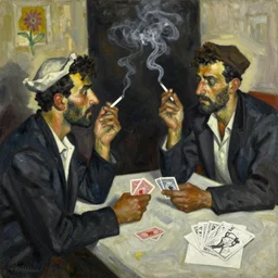 oil painting of figures in jazz club in the style of john craxton. sailors in the shadows. cretan. arms. talking. cheekbones. strong expressions on faces. smoke. holding cigarettes. playing cards. scratch. strong lighting. brush. single flower. in the style of ivon hitchins. seated figure hands on table. line drawing. high detail.