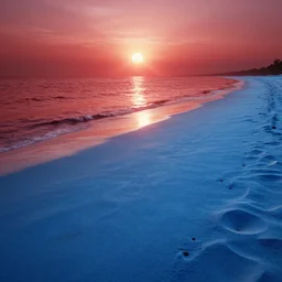 a photo of a beach in a alien planet with a red sea and blue sand at sunrise, concept art, octane render, unreal engine 5, trending on artstation, high quality, highly detailed, 8 k hdr, trending on deviantart, red sea, blue sand, high coherence, path traced, serene landscape, breathtaking landscape, cinematic lighting, hyperrealistic, godrays