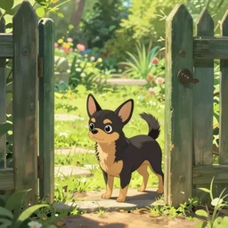 A black and tan chihuahua looks through her garden gate, cel shaded cartoon in the style of studio Ghibli, sunny morning, cinematic lighting, summer