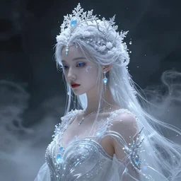 a beautiful majestic frozen white queen with snowflakes on her hair, glowing light orbs, intricate concept art, elegant, digital painting, smooth, sharp focus, ethereal mist, deep colors, illuminated lines, outrun, vaporware, dark background, cyberpunk darksynth, ethereal, ominous, misty, 8 k, rendered in octane, by ruan jia and miho hirano