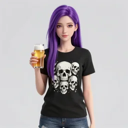thin white girl with long purple hair wearing a black t - shirt with skulls on the shirt and holding a beer standing next to a raven perched on a branch, tents in the background, full color digital illustration in the style of don bluth, artgerm, artstation trending, 4 k