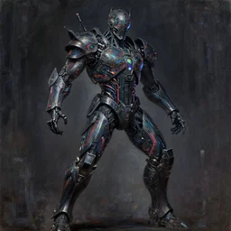 dark cyborg armour cloaked!!! entity made of intricate complex circuitry and microchips, iridescent, warrior assassin!!!!, black full body, colorful, intricate linework, gothic baroque, intimidating athletic stance, magical, realistic oil painting, artstation, rutkowski, wlop, chebokha, artgerm