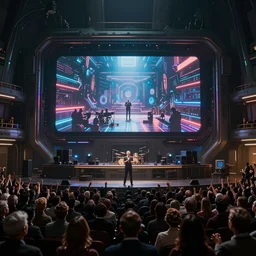 concept art of a very small! dark futuristic musical venue with a large screen in front of a very small! but excited crowd by syd mead and craig mullins, high detail, sharp focus, artstation