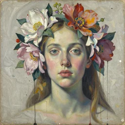 guiding spirit floral portrait flowing out of face by leonetto cappiello and wojciech siudmak and ernst fuchs, anni albers, oil on canvas, paint drips, paint splatter, paper marbling