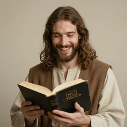 Jesus Christ reading the bible and laughing