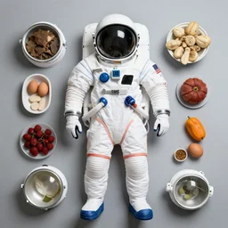 flat lay, knolling of the ingredients of a space suit, high quality studio photograph.