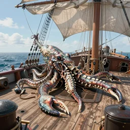 a dead kraken on deck of a sailingship, unreal engine, octane render, style of midjourney, highly detailed