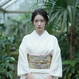 close photo portrait of a pale skin woman wearing a white kimono in a tropical greenhouse