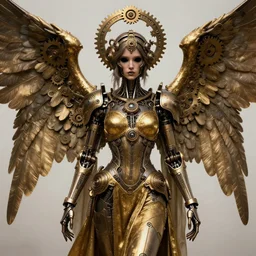 Steampunk Angel, mechanical wings, gear halo, empty eyes, metallic bronze skin, golden tech robes, female looking, steampunk fantasy, extremely detailed, trending on artstation