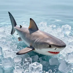 a shark made out of a watermelon, photorealistic, laid down on ice cubes