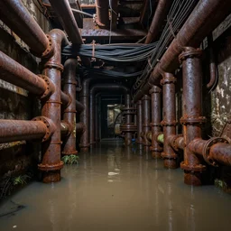 bunker, flooded, dirty water, dense rusty pipes network, dense cables network, mold
