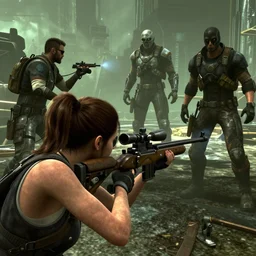 Susie Essman aiming a sniper rifle in a video game, screenshot, wide shot, low angle, System Shock 2, Fallout New Vegas, Deus Ex, Doom Eternal, Quake, Perfect Dark, Bioshock, Half Life 2, Alien Isolation, Soma, Dead Space