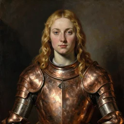 saoirse ronan, blonde hair, wearing copper armour, portrait, oil painting by titian, hard focus
