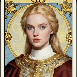 portrait of a gorgeous priestess in ornamental robes, face details, blond hair, ponytail, white skin, blue eyes, sharp focus, award - winning, masterpiece, highly detailed, intricate, by rebecca guay, rossdraws, tarot card border