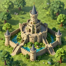 medieval castle in a jungle with towers and moat, 3 d, isometric