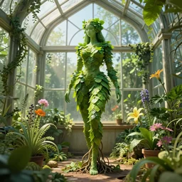 super sexy hot - like creature!!!, in greenhouse!!!, in ray of light from the window, digital art, render, blender, leaves!!!, body cover by leaves!!!, roots!!!, flowers, herbology, matte painting, by levitan, by kinkade, by artgerm