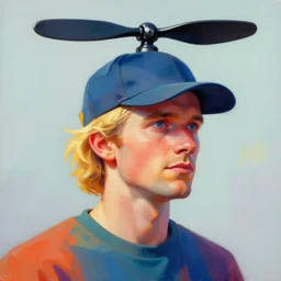 colorful painting of a man with a propeller - cap and blonde hair, matte painting, trending on art station, ultra - detailed, hq