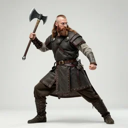 wide shot low angle full body elegant hyperrealistic master piece portrait of historical accurate viking warrior, holding axe and sword, absurdly beautiful with beard and glasses, by greg rutkowski and artgerm, sharp focus, bright colors, matte, dynamic fighting pose