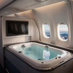a first class cabin in an American Airlines plane with a jacuzzi