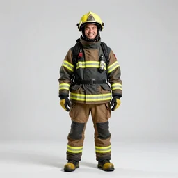cheerful firefighter in full gear, studio photography, full body, standing, isolated on a pure white background, centered, whole figure in frame, sharp focus, studio lighting