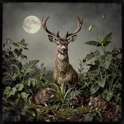 a terrible creature with the head of a deer, the body of a mouse, high growth : : 4, surrounded by lush plants, moon, metamorphosis in the spirit of giger, film photography, by ansel adams tintype 1 8 0 0 s