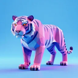 ultra low low poly visible polygons stylized render of a tiger animal full body octane unreal engine render vaporwave blue and pink neon