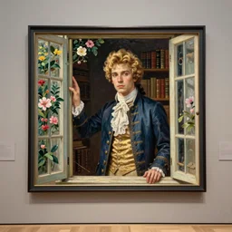 museum painting, wide - shot, photo of very handsome young yves saint - laurent in the age of 1 6, golden hair, dressed in 1 8 th century clothes, laces, by the open window, flower decorations, bookshelf, sharp focus, highly detailed, digital art, oil painting, masterpiece, artgerm, rutkowski, mucha, kinkade