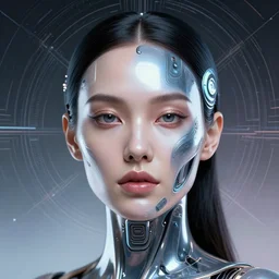 retrofuturistic portrait of a woman cybernetic facial enhancements, reflective gradient intricate space graphics in background, close up, quint buchholz, wlop, dan mumford, artgerm, liam brazier, peter mohrbacher, raw, featured on artstation, octane render, cinematic, elegant, intricate, 8 k