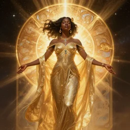 black african princess, warm volumetric lighting, cosmic, symmetric, highly detailed, elegant, concept art, heavenly, god rays, glowing aura, intricate, sharp focus, illustration, alexandros pyromallis, bouguereau, rutkowski, artgerm, alphonse mucha, a