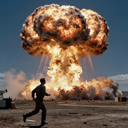 cinestill of ronald reagan running from a nuclear blast, nuclear explosion, mushroom cloud