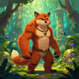 furry monster human hybrid person exploring a jungle temple, vivid colors, by sergei vasnev, artstation