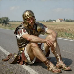 very tired Roman legionary sitting on a side of a road, photorealistic painting by Michelangelo, highly detailed,-H 512