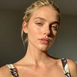 photograph of an olive skinned blonde female model in her late twenties, her hair pinned up, wearing a designer top, looking content, focused on her neck, facing the camera, photo realistic, extreme detail skin, natural beauty, no filter, slr, golden hour, 4 k, high definition, selfie