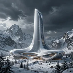 futuristic atmosphere in the snowy mountains dolomites 3 d concept art, cinematic lighting, rule of thirds, depth of field, intricate details, building by zaha hadid, stormy weather, emissary space by arthur haas and bruce pennington and john schoenherr, cinematic matte painting, dark moody colors, trending on artstation, featured on behance