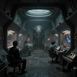 cassette futurism, cosmic horror, nostromo sci - fi ship interior, alien 1 9 7 9, star wars 1 9 7 7, bleak future, ultra high detail render, harsh lighting, atmospheric haze, film. illustration by edward hopper, norman rockwell. film still, 1 6 mm cinematography