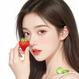 the portrait of an absurdly beautiful, graceful, elegant, young woman made of strawberries and green petals shy, an ultrafine hyperdetailed illustration by kim jung gi, irakli nadar, intricate linework, bright colors, octopath traveler, final fantasy, angular, unreal engine 5 highly rendered, global illumination, radiant light, detailed and intricate environment