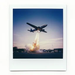 vintage polaroid shot of a plane launching red flowers on the berlin war. Old. White borders.