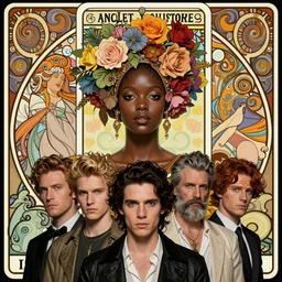 full figure portrait of a beautiful mysterious african with flowery headgear, by eve ventrue, michael carson, andreas rochas, john watkiss, casey weldon, artgerm. art nouveau. tarot card by mucha. gloomhaven. swirly intricate linework background. gaudy colors, sharp edges. octane render