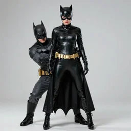 High definition, high octane, award winning full body shot of Catwoman posing for the camera and carresing Batman, realistic.